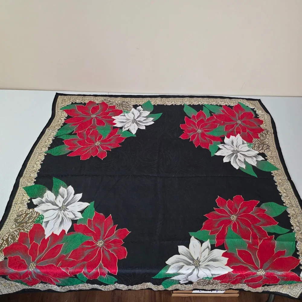 Satin Poinsetta Square Scarf Womens 34 in Black Red Floral Holiday Christmas
